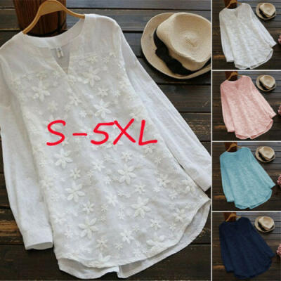 

Women Lace V Neck Long Sleeve Casual Loose Baggy Tunic Tops Blouse Plus Size