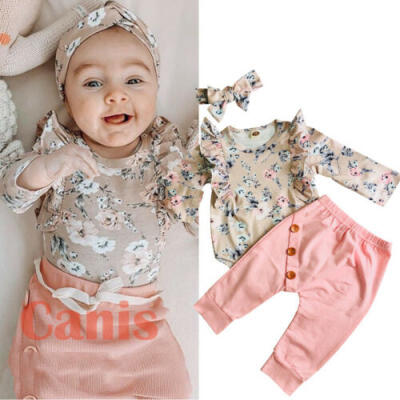 

US Newborn Infant Baby Girl Ruffle Romper Tops Floral Pants 3PCS Outfits Clothes