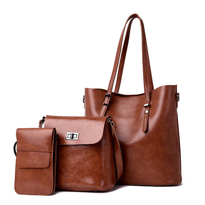 

Tailored Fashion Ladies Zipper Oil Leather Handbag Shoulder Bag Messenger Bag Three-Piece