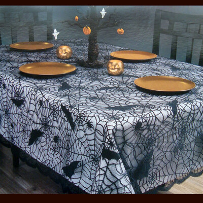 

Toponeto Halloween Spiderweb Tablecloth Black Lace Bat Spider Party Table Decor Curtain