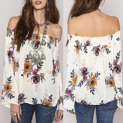 

Nomeni Fashion Womens Chiffon Floral Print Tops Off Shoulder Long Sleeve Shirt Blouse