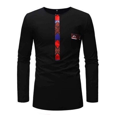 

Toponeto Men Casual Printed Patchwork Long Sleeve Stand Collar T-Shirt Top Blouse