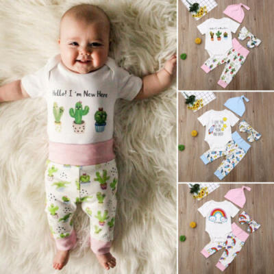 

Newborn Baby Girl Boy Cartoon Romper Tops Long Pants Headband Hat Outfit Clothes