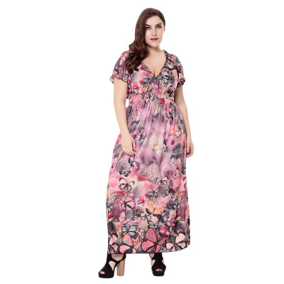 

Female Autumn Beach Large Size Print Sexy V-neck Short Sleeve Waisted Maxi Dress