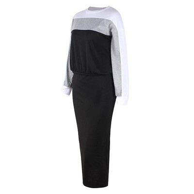 

Sexy Women Two-piece Set Contrast Color Blouse Sweatshirt Long Sleeve Bodycon Midi Skirt Suits Outfits GreyBlack