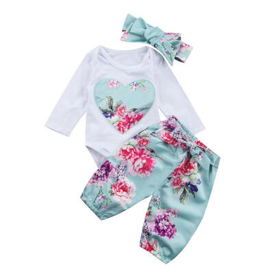 

3pcs Infant Girls Floral Clothes Set Baby Rompers Pants Headband Outfits