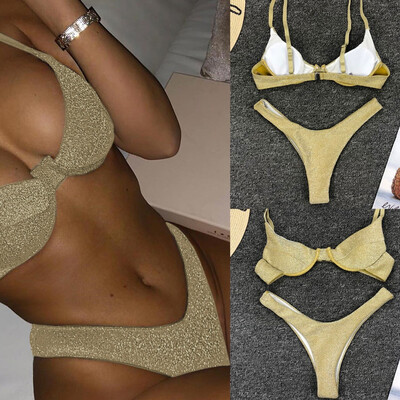 

Saidsome Women Sexy Swimsuit Silver Silk Bikini Set Beachwear