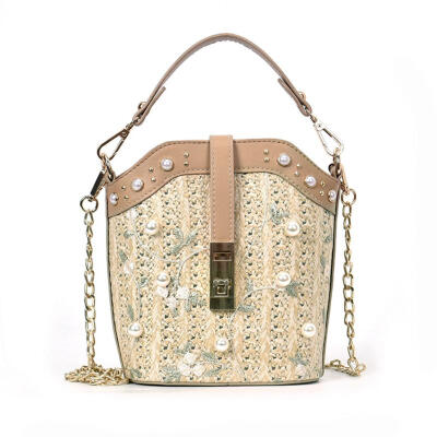 

Pearl Flower Decor Shoulder Handbags Women Straw Chain Crossbody Bucket Bag