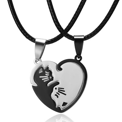 

Animal Pendant Black White Cat Stitching Necklace Simple Friendship Gift Heart Shape Gold White Cat Cute Couple Jewelry Necklace