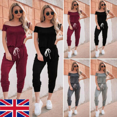 

Fashion Womens Off Shoulder Short Sleeve Playsuit Ladies Casual Long Jumpsuit UK