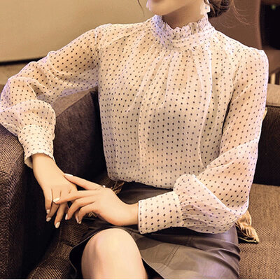

Womens Mandarin Collar Neck Polka Dot Printed Long Sleeve Pleated Front Elegant Blouse Shirt