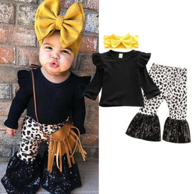 

US 3pcs Kid Baby Girl Long Sleeve Top T-shirt Flare Pants Bell Bottom Outfit Set