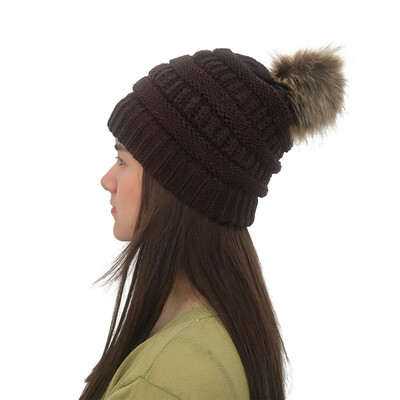 

Tailored Women Autumn Winter Outdoor Faux Fur Ball Hats Crochet Knit Holey Beanie Cap