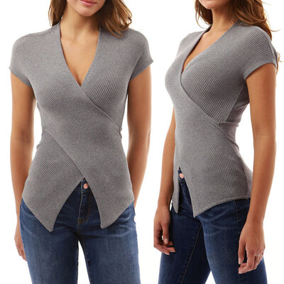 

Starmoon Fashion Women Solid V-Neck Short Sleeve Sleeveless Casual Cross Tee Tops