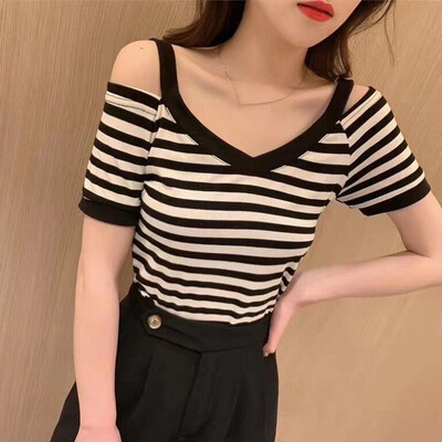 

Womens Stripes Print Tops Casual Slim Cold Shoulder V Neck Party T-shirt Blouse