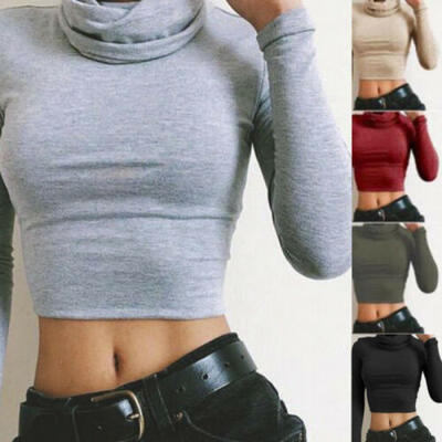 

AU Fashion Womens Long Sleeve High Neck Crop Top Stretch T-Shirt Solid Color