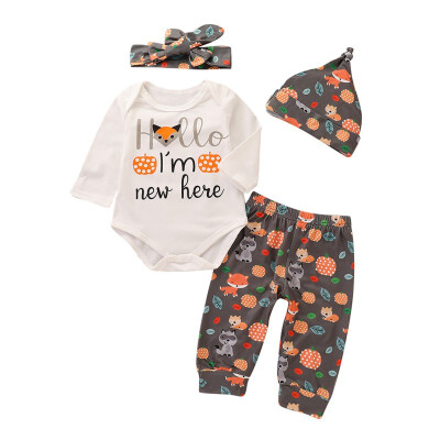 

Newborn Baby Girl Clothes Set 100 Cotton Long-sleeved RomperTrousersHatHeadband 4pcs Infant Clothes