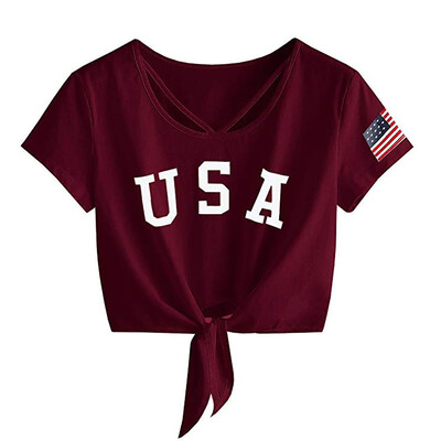 

Nomeni Womens Short Sleeve Tops Cross Scoop Neck T-Shirt Knot Front American Flag Tees