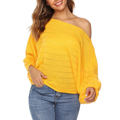 

Solid Color Slash Neck Off-shoulder Sweater Loose Hood Long-sleeved Shirt