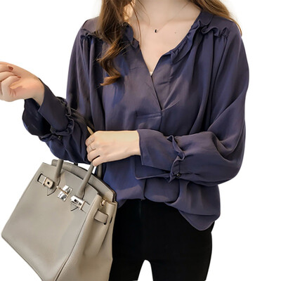 

Women Casual Concise Comfortable Sweet V-neck Solid Color Ruffled Long Sleeve Blouse