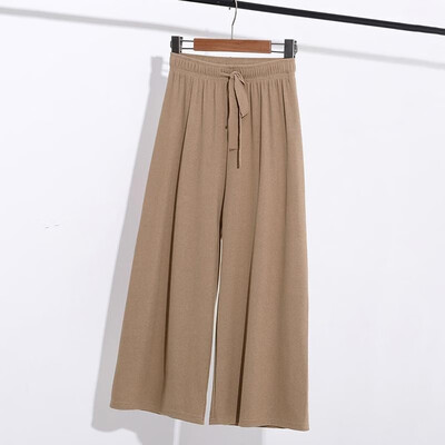 

Women Cropped Pants Ribbed Solid Color Drawstring Elastic High Waist Straight Wide Legs Casual Holiday Wear
