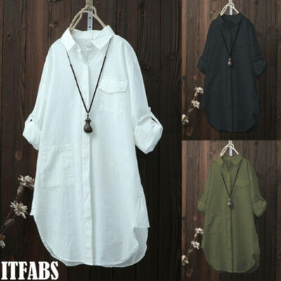 

Fashion Womens Long Sleeve Button-down Top Shirts Solid Color Loose Long Blouse