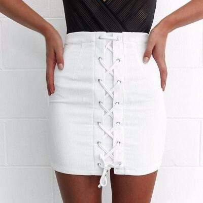 

Women&39s Bandage Button Up Washed Denim A-line Skirt High Waist Mini Short Jean