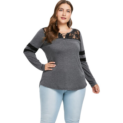 

Plus Size Long Sleeve Lace Yoke T-shirt