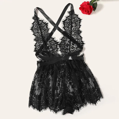 

Gobestart Women Sexy Lace Deep V-neck Jumpsuit Lingerie Cross Romper Backless Bodysuit
