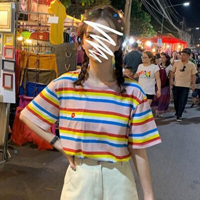 

Harajuku Rainbow Striped Tee Shirts Korean Casual Sumemr O-neck Loose Women Tops Clothes Female Short Sleeve Tshirts