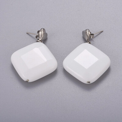 

304 Stainless Steel Dangle Stud Earrings with Ceramic Beads with Ear Nuts Rhombus Faceted White 44mm Pin 08mm