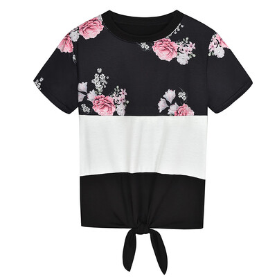 

Nomeni Women Casual Floral Print Patchwork Bandage Short Sleeve Blouse Crop Tops Shirt