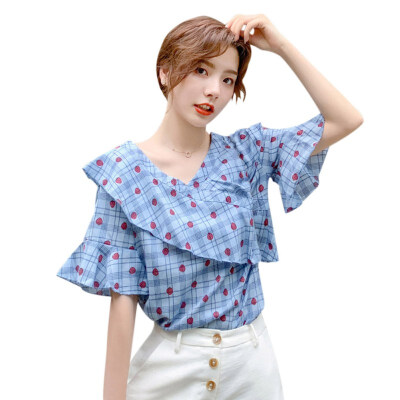 

Fashion Polka Dot Printed Blouses Women Short Sleeve V Neck Temperament Chiffon Shirt Summer Casual Women Tops