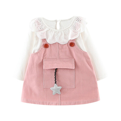 

New Autumn Baby Girl Dress 0-3T Fashion Fake Two-piece Solid Long Sleee Dress Novel Lace Hollow Out Turn-down Collar Girls Dress