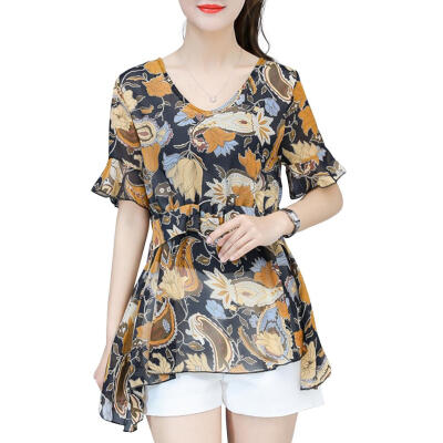 

Fashion Irregular Hem Women T-Shirt Short Sleeve Floral Chiffon TopsBelt