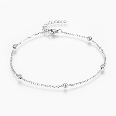 

304 Stainless Steel Anklets with Lobster Claw Clasps Round Beads&Cable Chains Stainless Steel Color 9"230mm 18mm