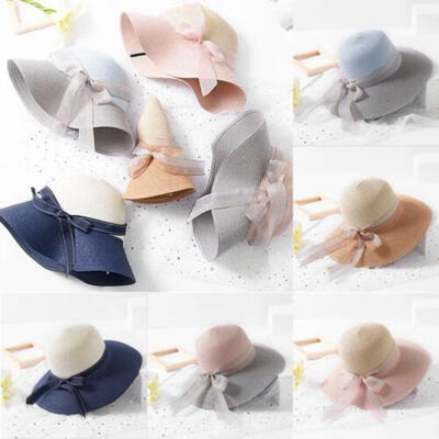 

Elegant Women Straw Beach Hat Large Brimmed Hat Color Matching Bow Knot Sun Hat