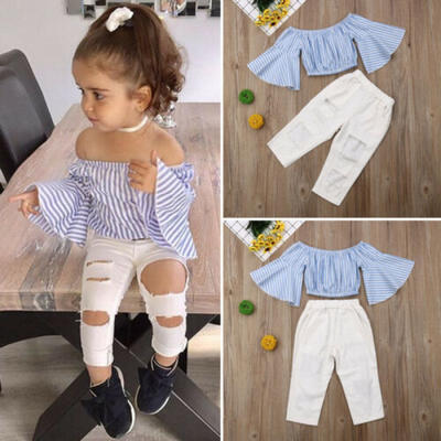 

2pcs Toddler Baby Girls Clothes Off Shoulder T-shirt TopsLong Pants Outfits Set
