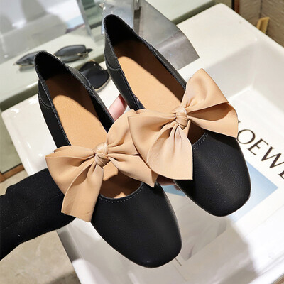 

Bean Bean Shoes Womens Head Korean Version Baitai ins Grandmas Shoes Shallow Flat-heeled Butterfly Knot Late Single Shoes