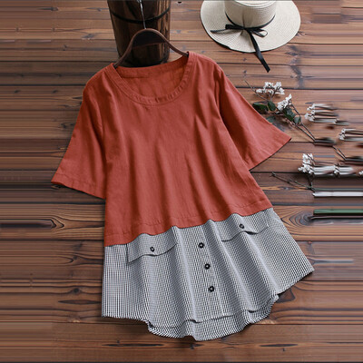 

Women Tops Summer Short Sleeve Round Neck Button Splice Slim Fit Baggy Blouse