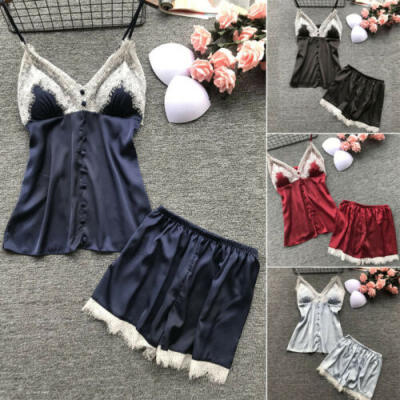 

UK Summer Women Sexy Pajamas Silk Pijamas Sleepwear Deep V Sling Lingerie Set