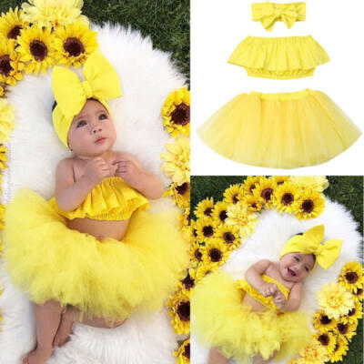 

Kids Baby Girl Off Shoulder TopsLace Tulle Skirts Dress Headband Outfits Set