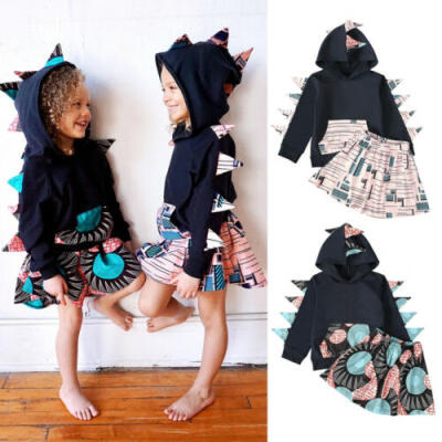 

Kids Baby Girl Long Sleeve Dinosaur Hooded Tops A-Line Skirt Autumn Clothes Set