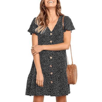 

Women Fashion Retro Printed Dress V-Collar Front Button Ruffle Hem Sundress