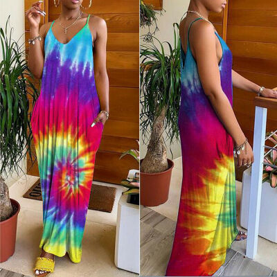 

Womens Holiday Spaghetti Strap V-neck Ladies Maxi Long Summer Boho Beach Dress