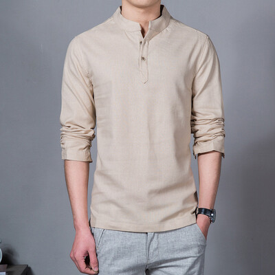 

Mens Long Sleeve Stand Collar Slim Fit Tops Buttons Solid Beach Summer Blouse