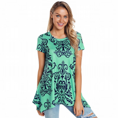 

Round neck short sleeve floral print side shirt retro top