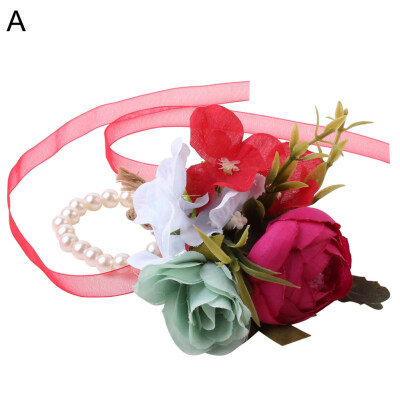 

Faux Pearl Wedding Bracelet Bridesmaid Bride Flower Ribbon Hand Wrist Corsage