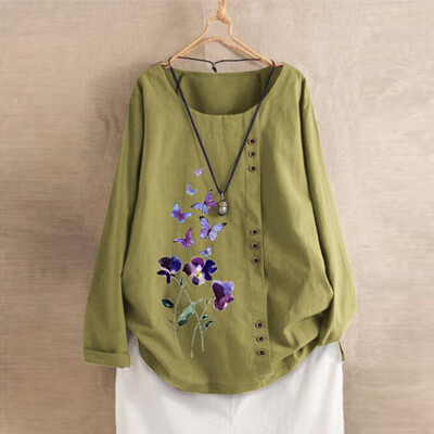 

Roseonmyhand Plus Size Women Long Sleeve Cotton Linen O-Neck Botton Blouse Top T-Shirt