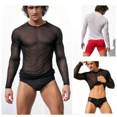 

Men Sheer Long Sleeve T-Shirt Slim Fit Casual Basic Tee O Neck Mesh Muscle Shirt